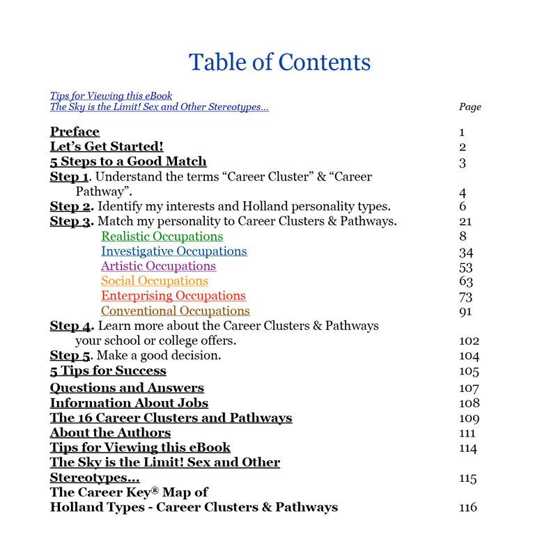 Five Steps, Table of Contents