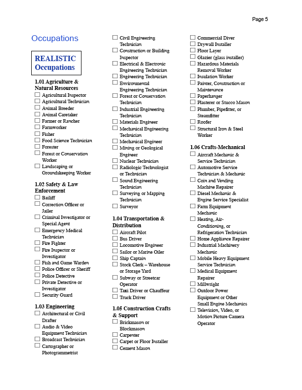 Career Key Canada, Occupations