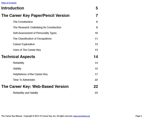 Career Key Manual Table of Contents 1